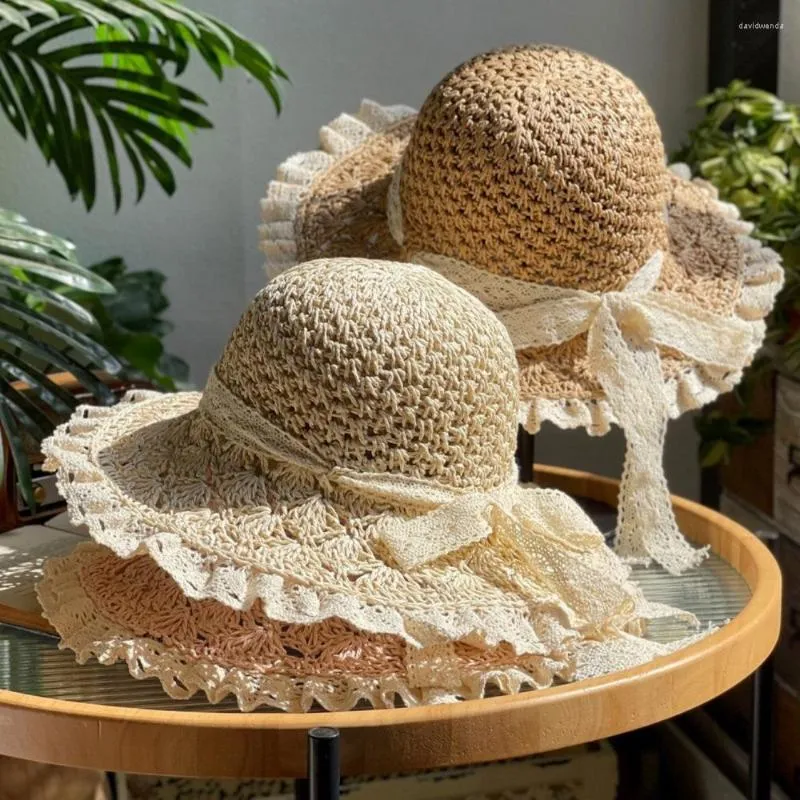 Wide Brim Hats Summer Female Lace Straw Hat Foldable Knitted Cap 56-58cm Outing Travel Beach Elegant Lady Sunshade TY0200