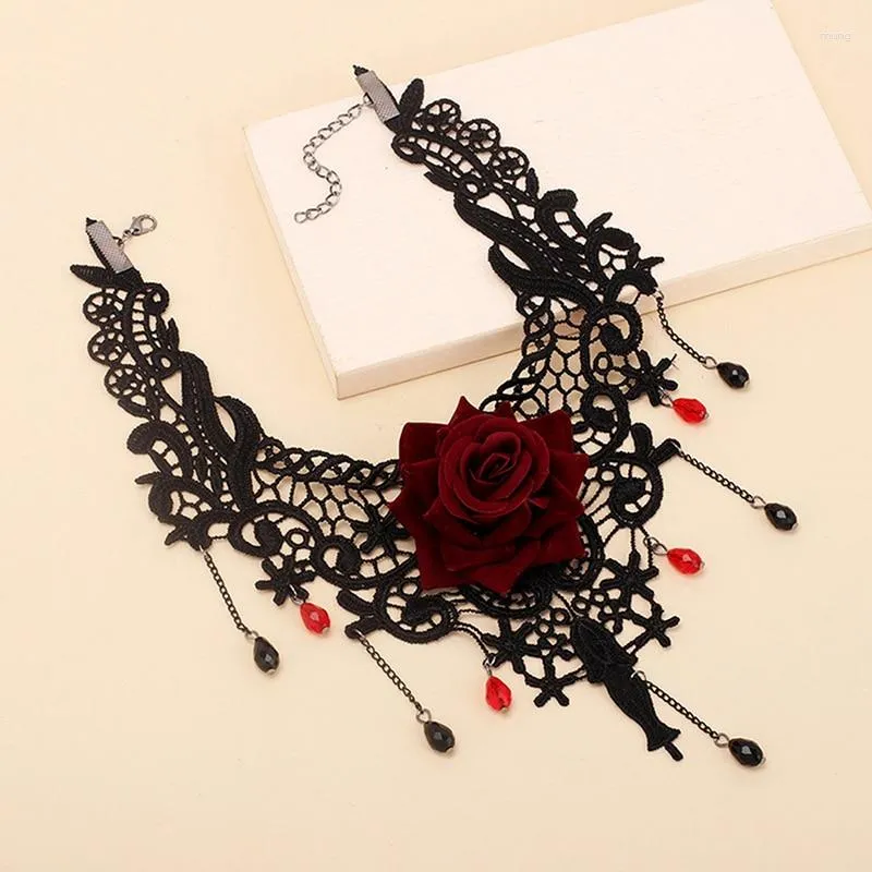 Choker Gothic Colliers Schwarz Perlen Blumen Sexy Spitze Hals Halskette Vintage Quaste Kette Frauen Steampunk Halloween Schmuck