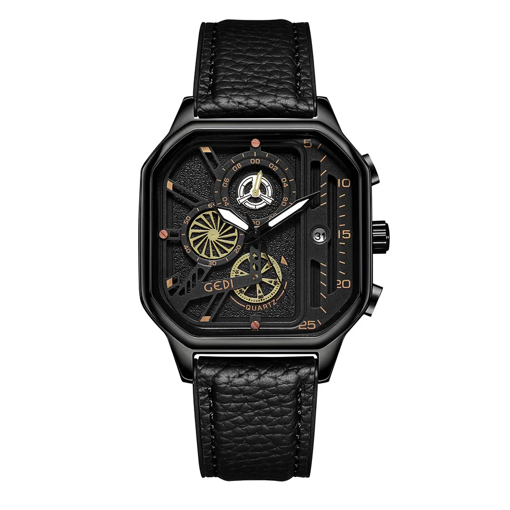 GeDi niche hoogwaardig gevoel vierkante herenhorloge mode timer zakelijk horloge heren waterdicht quartz horloge groothandel