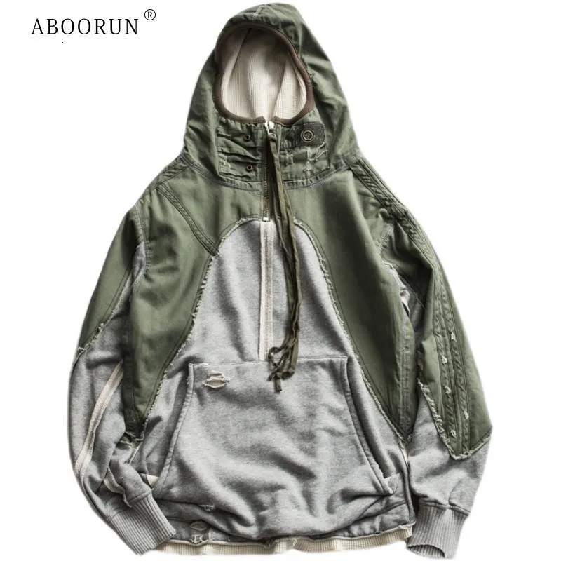 Men's Trench Coats ABOORUN Heavy Army Patchwork Hooded Jacket Hi Street Streetwear Loose Pullover Coat for Male 230925
