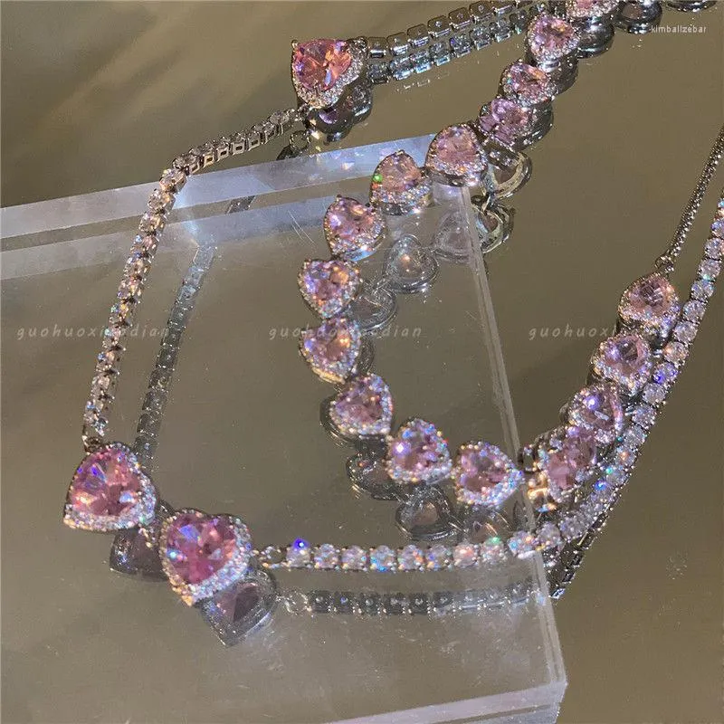 Gargantilha y2k metal brilho rosa zircão coração pingente colar para mulheres corrente curta charme jóias presentes acessórios