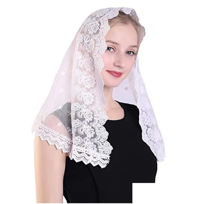 Hijabs Branco Noiva Flor Renda Igreja Muçulmana Capela Véu Mantilla 230509 Drop Delivery Acessórios de Moda Chapéus Lenços Luvas Wraps Dhbdd