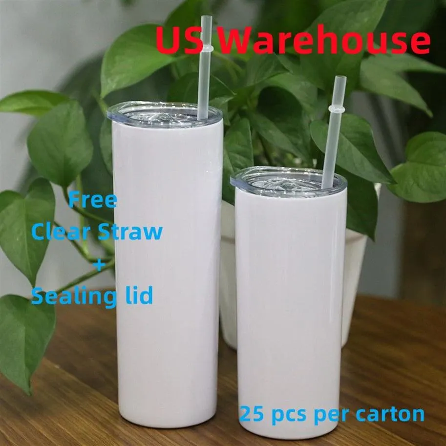 US Warehouse 20oz Straight Skinny Sublimation Tumblers com tampa de vedação de palha transparente de aço inoxidável brilhante em branco duplo wa218n