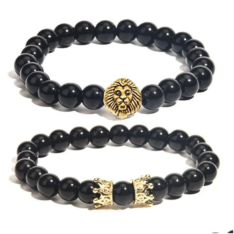 Beaded Mens Armband 8mm Black Onyx Strands smycken Lion Head och Micro Pave Crown Wrist Armband för kvinnor Drop Delivery DHFP7