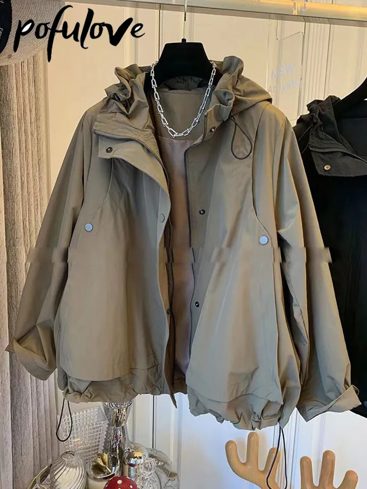 Frauen Wolle Mischungen Kordelzug Trenchcoat Lose Spleißen Frühling Jacke Streetwear Einfarbig Windjacke Mit Kapuze Weibliche 230925