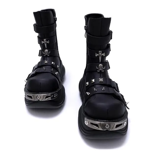 Belt buckle Punk style Womens Motorcycle boots luxury designer Black boots round toe flat heel British style biker boots martin women's platform elevation booties