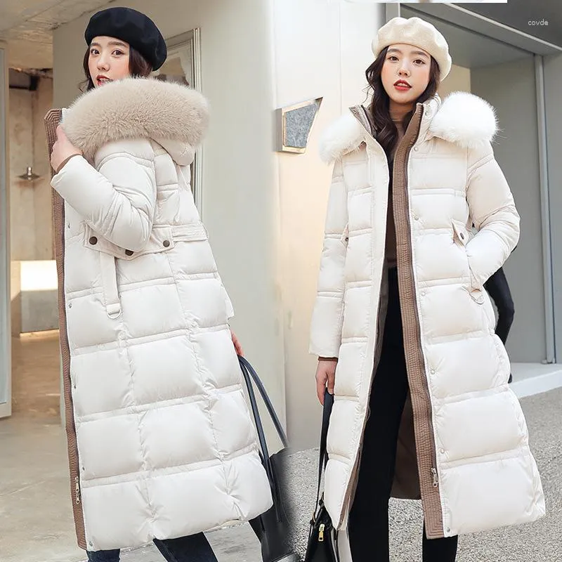 Женские тренчи, зимние корейские модные белые пуховики с капюшоном, свободные, с большим меховым воротником, плотное пальто, длинное