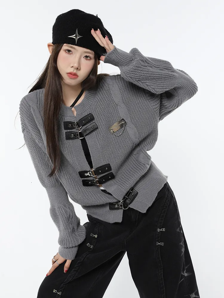 Tricots pour femmes Tees Mode coréenne Hiver Tricot Y2K Lâche Style Preppy Cardigan Casual Gris Cordon Pull Pour Femme Vêtements 230925