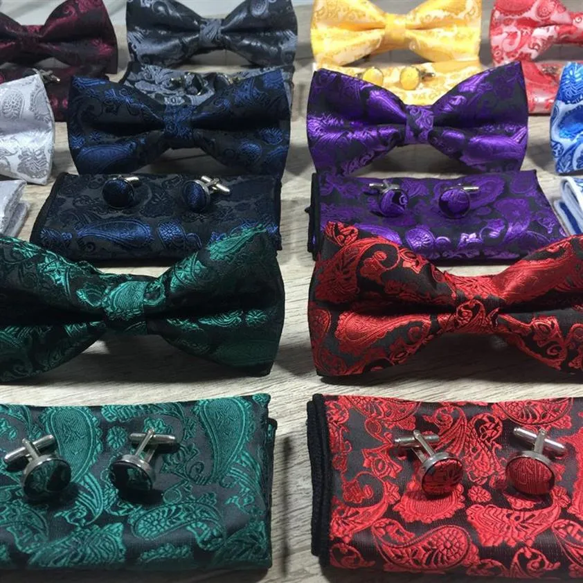 Nackband bowtie hanky manschetten sätter 100% siden jacquard vävda män fjäril båge fällare ficka handduk set lyxåtkomst234w