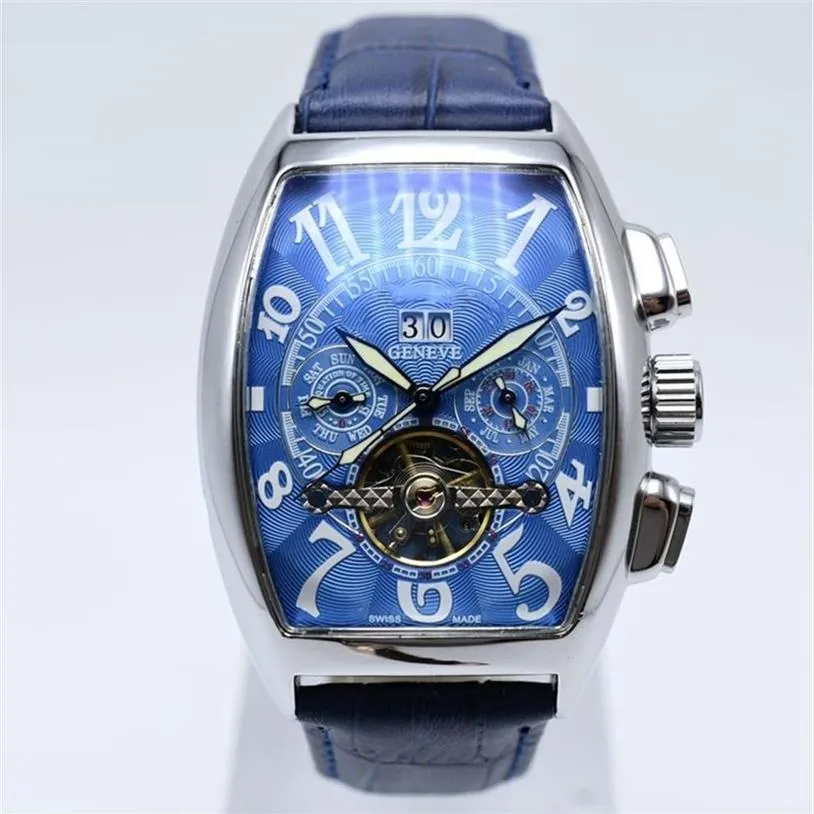 Geneve tourbillon leather automatic mechanical mens watches skeleton hollow day date men designer watch gifts mens wristwatch mont236D