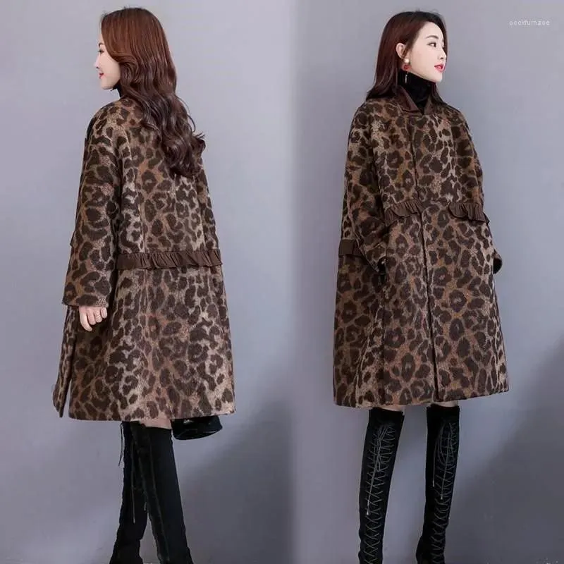 Kvinnors ull leopard tryck ullrock kvinnor höst vinter koreansk mode femme cape jacka casual varm monteau lång överrock