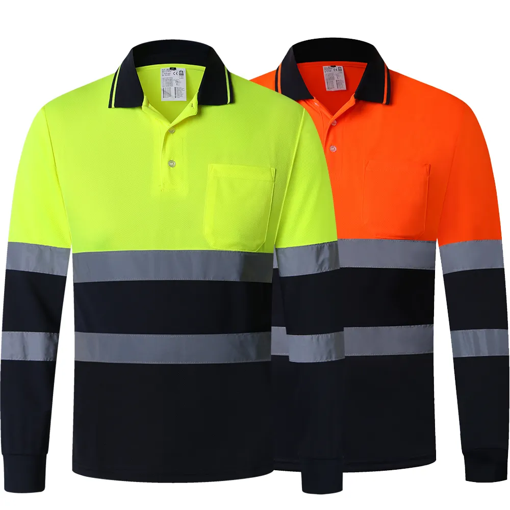 Outros dois tons de manga comprida camisa polo de segurança laranja camisa reflexiva de alta visibilidade com bolsos camisa de trabalho hi vis 230925