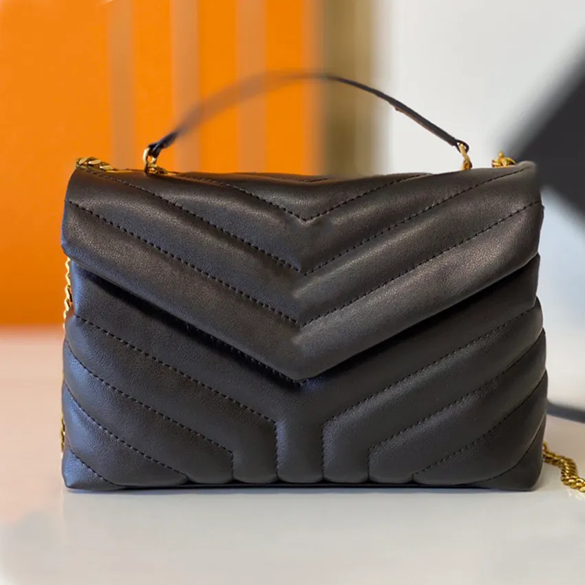 Sac à bandoulière de créateur, sac pour femme, sac à main, nuage en cuir de veau noir, chaîne matelassée classique à rayures diagonales, diagonale centrale dorée