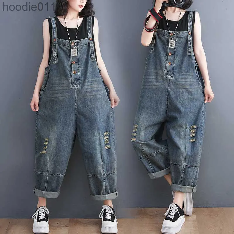 Kvinnors jumpsuits Rompers vintage streetwear rippade jeans jumpsuit kvinnor casual lösa breda ben remmar denim overaller kvinnliga last baggy bib pants rompers l230926