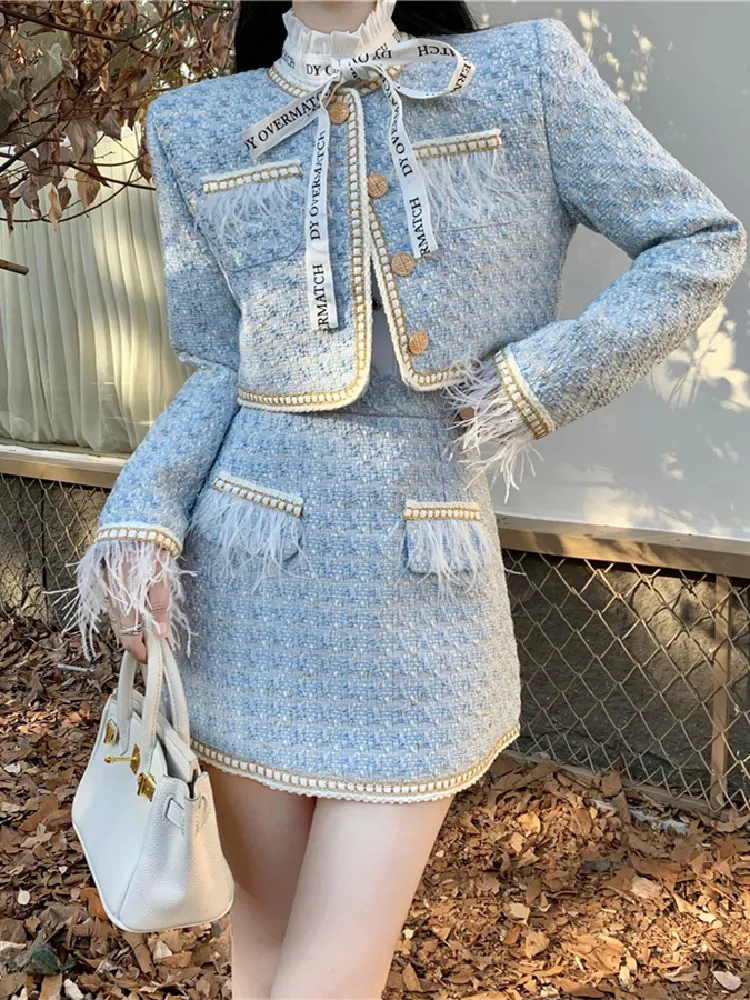 Two Piece Dress Autumn Tweed Set for Women Korean Style Long Sleeve Jacket Coat Crop Top Mini Skirt Suits Casual 2 Outfits 230926