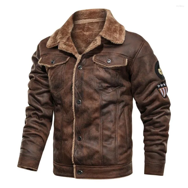 Men's Fur Old Fashion Brown Suede Leather Jacket Vintage Military Casual Winter Warm Faux Coat Motorcycle Men PU Slim Fit Chaquetas