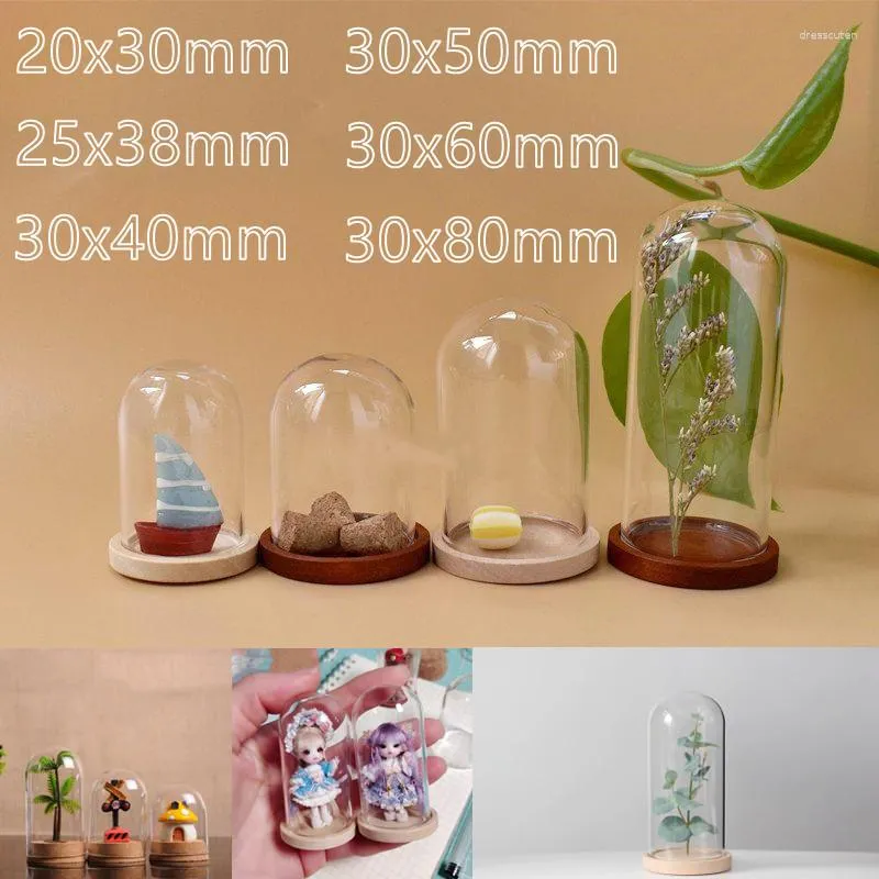 Bouteilles 5/8pcs Clear Glass Dome Cloche Couvercle Cloche Pot avec base en bois de bambou pour bijoux perles conteneur séché fleur affichage décoration