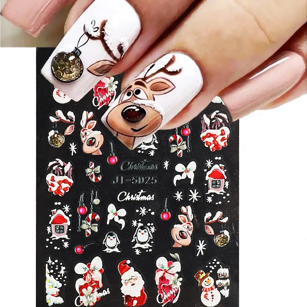 Stickers stickers 5D reliëf Kerstmis Nail Art Winter jaar rood Kerstman boom s sneeuwpop sliders manicure GLJI 5D 230927