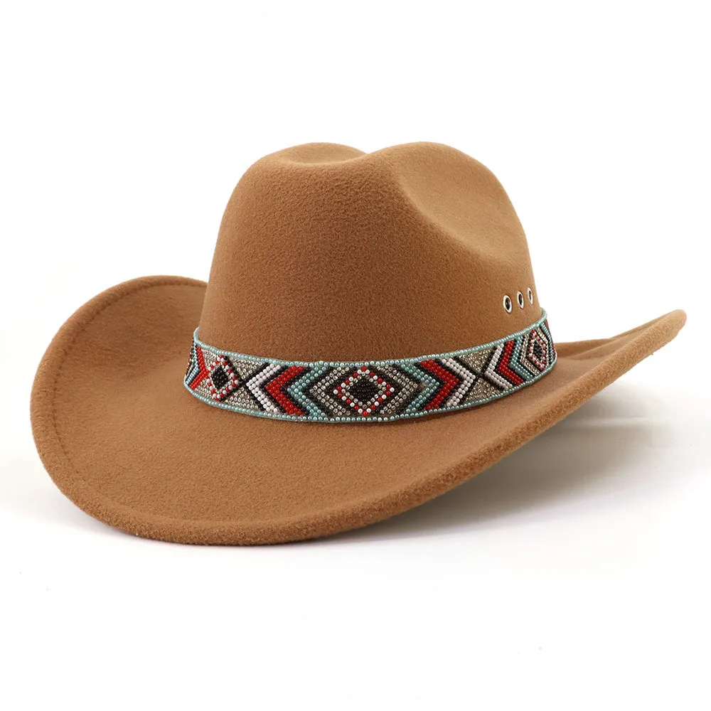 Nowy Roll Brim Western Cowboy Hat Women Men Mężczyznę Mniejszości etniczny styl fedora fascynator fascynator Party Felt Cap Panama Fedoras Sun Hat