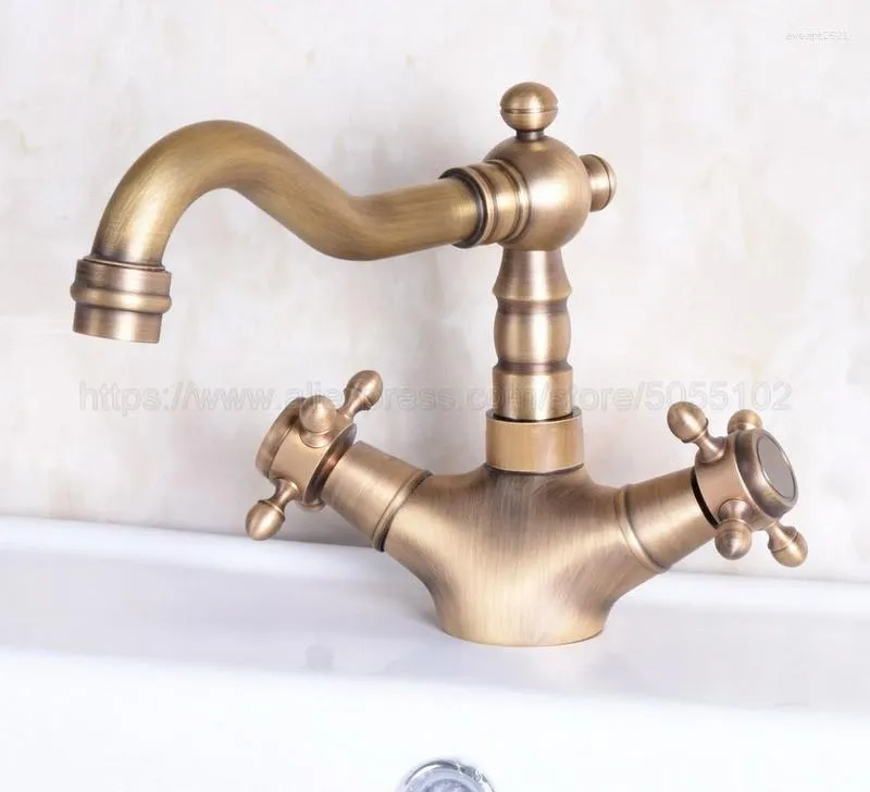 Bathroom Sink Faucets Antique Brass Faucet Basin Mixer Tap Double Cross Head Handle And Cold Water Znf245