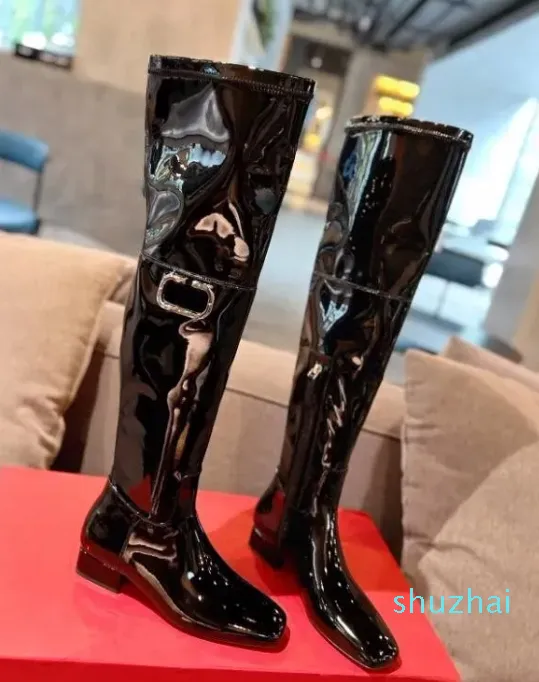 Latest Women's Over Knee Long Boots Low Heel Square Headed Inner Side with Zipper Gold Buckle Decoration Cowhide Upper Real Leather Sole Size
