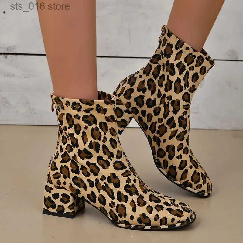 Boots Leopard Print Thick Heels Ankle Boots Women Blue Denim Zipper Square Toe Short Boots Woman Large Size 42 Cowgirl Western Booties T230927