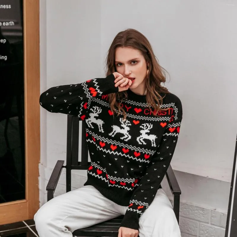 Chandails pour femmes Renne de Noël Flocon de neige Motif jacquard Col rond Pull rayé à manches longues Pull en tricot ample Hauts