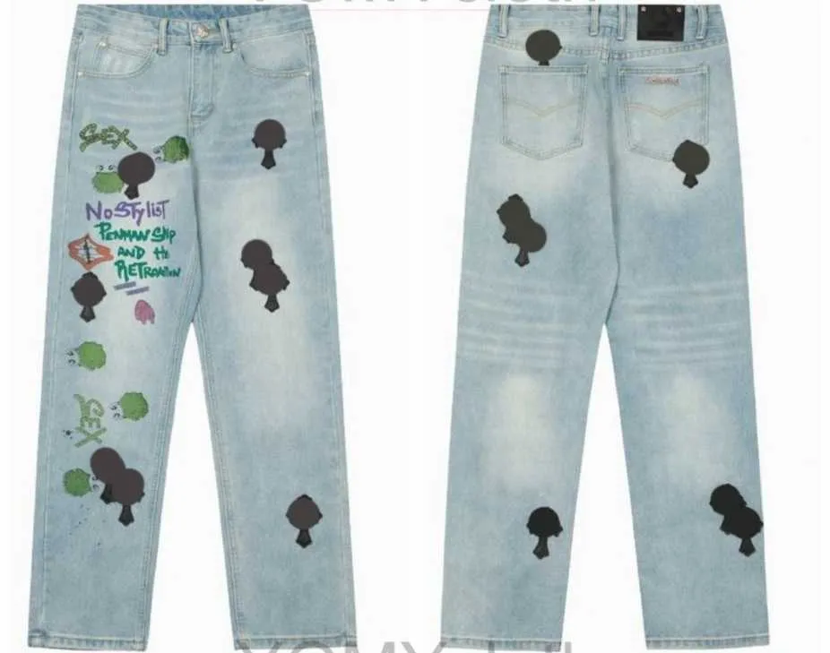 Chromes New Men's Jeans Designer Make Old Lavado Calças Retas Coração Carta Imprime Estilo Longo Corações Roxo Jeans Chromees Corações Hoodie 904