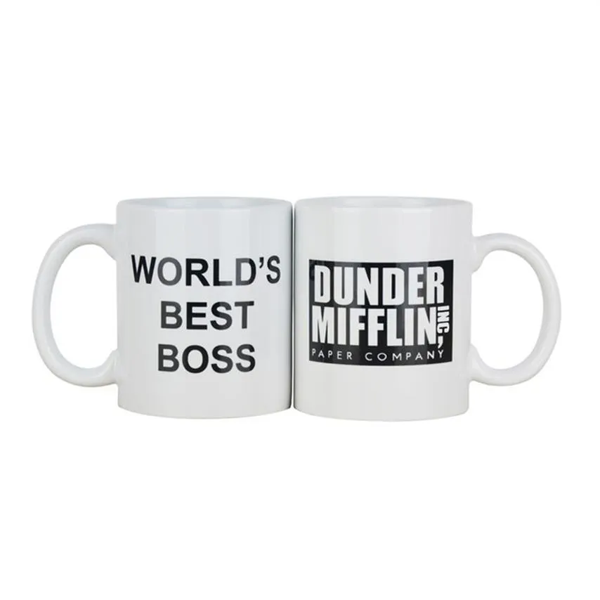 Coffee Mug Cup med Dunder Mifflin Office-Worlds Boss 11 oz roligt keramiskt kaffete kakao mugg unik kontorspresent T200104284V