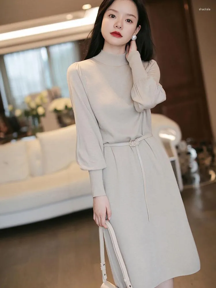 Casual Dresses Vintage Female Black Knitted Sweater For Women Elegant Ladies Turtleneck Long Sleeve Midi Vestidos Autumn Winter 2023