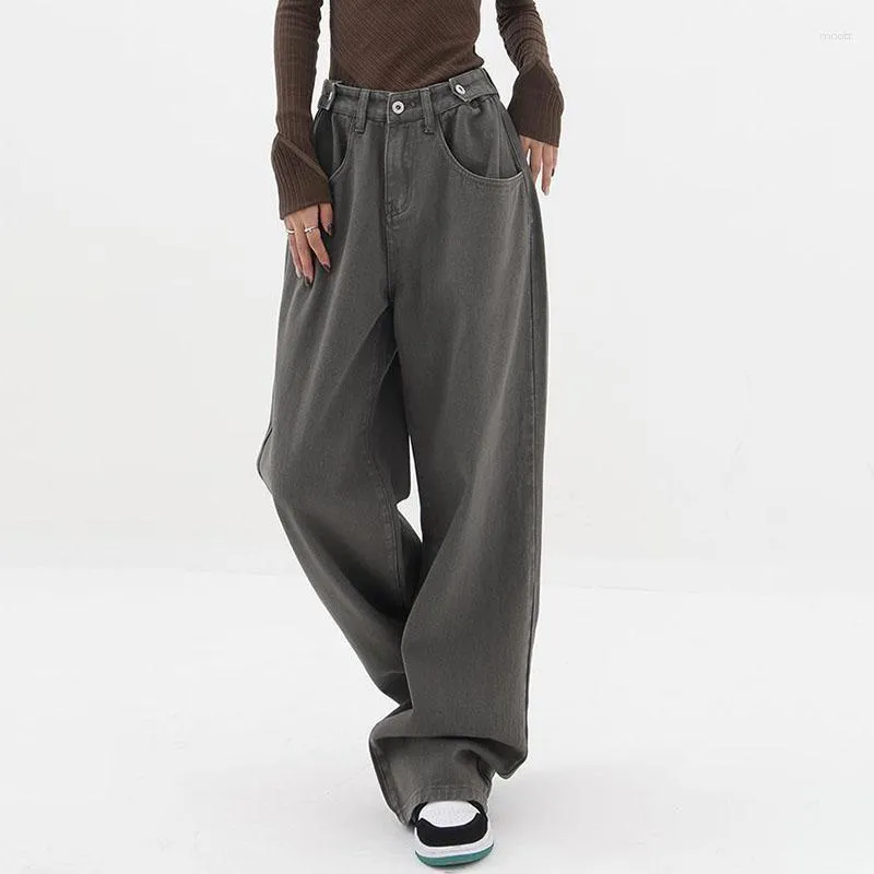 Женские джинсы Biyaby, серые широкие джинсовые брюки, женские весенне-осенние брюки с регулируемой пуговицей, винтажные мешковатые брюки с высокой талией для отдыха