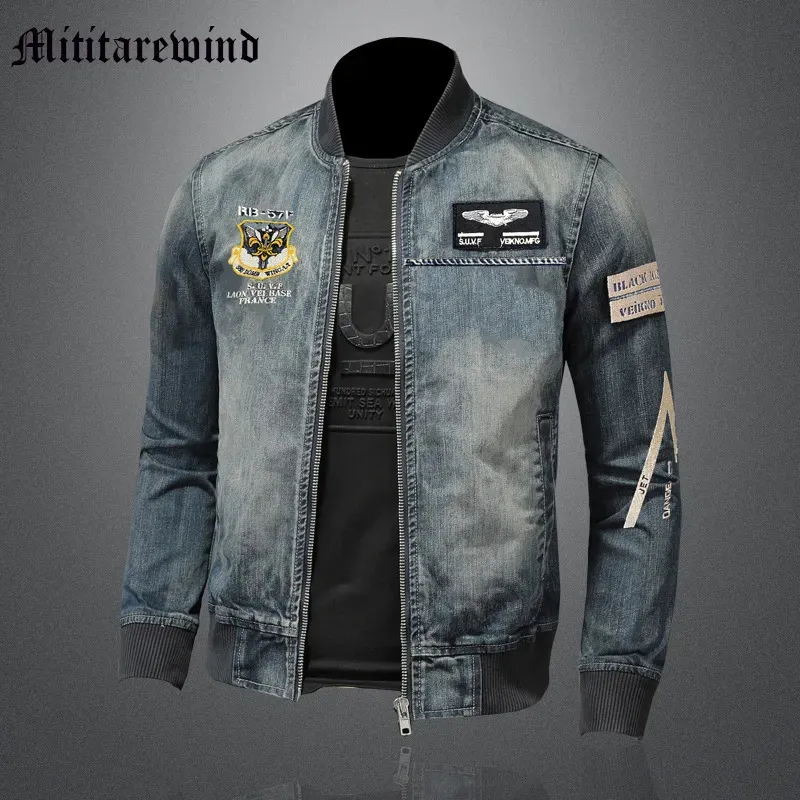 Herrjackor Badge Patches Men's Vintage Denim Coats Y2K Style Classica Jackets High Street dragkedja Stand Collar Moto Biker Slim Clothing 230927