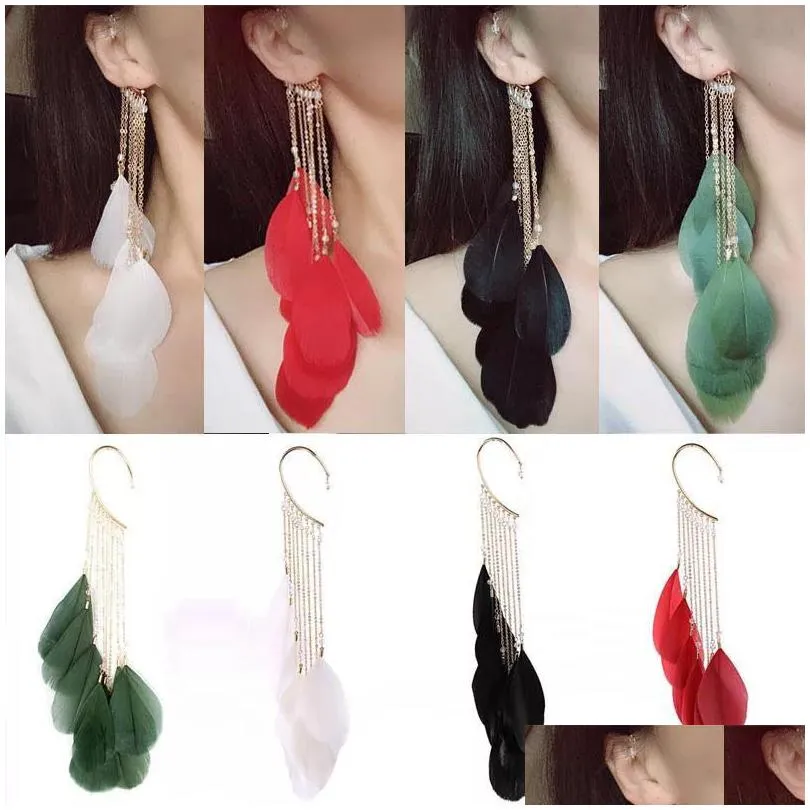 Dangle Chandelier Bohemia Feather Earrings Long Chain Tassel Single Side Ear Hook Earings Clip Red Blue Black Sale 20Pcs Lot Drop Deli Dhwjn