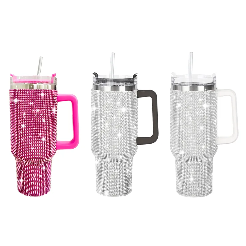 Tazas 40oz Shiny Diamond Tumble Taza de aislamiento de vacío Botella de café de acero inoxidable con mango de paja Taza de viaje de gran capacidad 230927