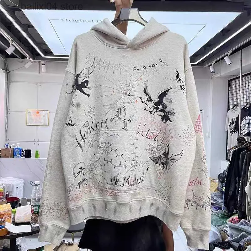 Men's Hoodies Sweatshirts Doodle Angel Devil Vintage washing water make old hoodie T230927