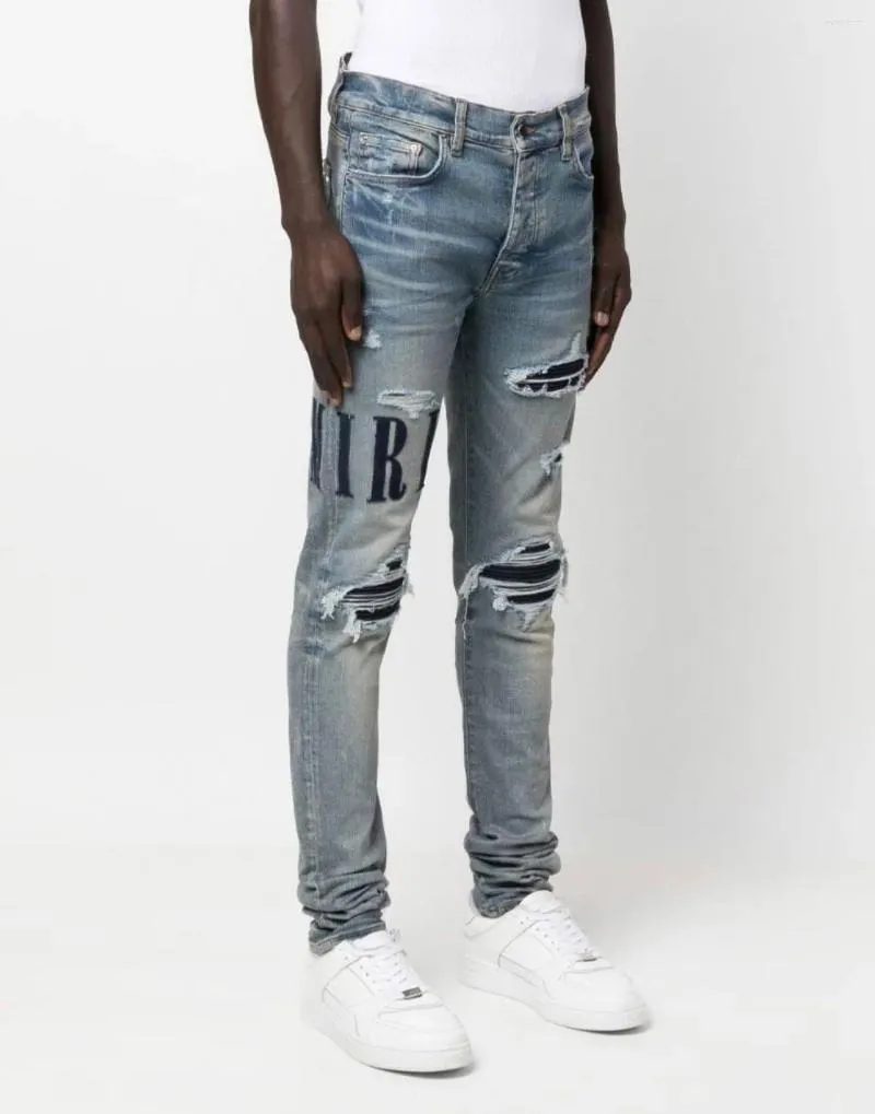 Mäns jeans seriflogo stretch bomull denim smal oroande blekande nödställd mager rippade förstörda moto biker byxor