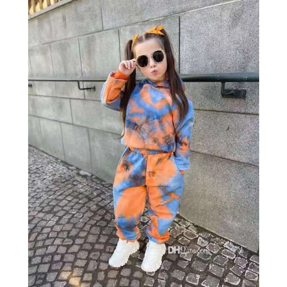 Tie Dye Long Sleeve Hoodie Shirt And Sport Pants Set for Baby Girls 2024 Autumn Kids Tracksuit Toddler Two Piece Set 1 8Y Polyester Casual Jogging
