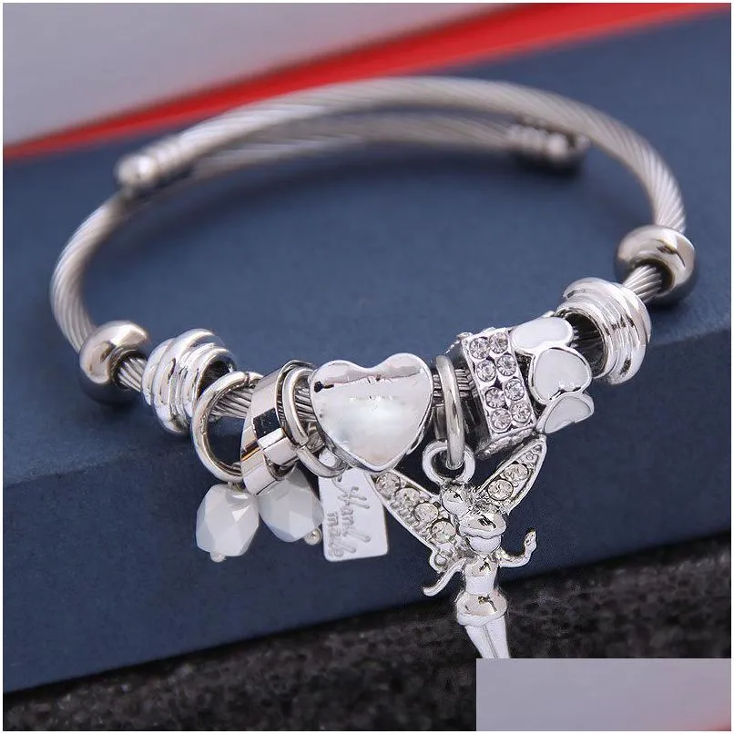 Charm Armbänder Freundschaftsgeschenk Antik Vintage Silber Farbe Armbänder DIY Winkel Mädchen Flügel Herz Schloss Schlüssel Anhänger Charm Armband für mich Dhcas