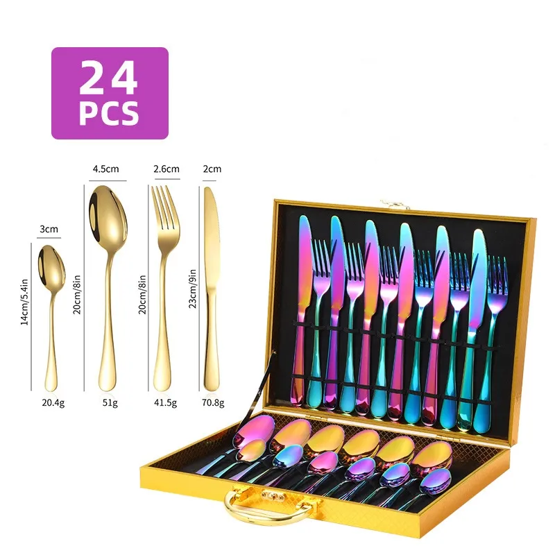 24pcs/set Stainless Steel Tableware Sets Household Western Cutlery Knife Fork Spoon Wooden Gift Box Set Creative Dinnerware Sets Gifts Q601