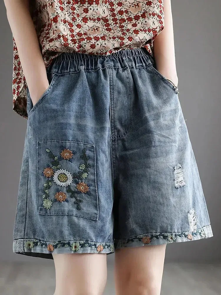 Women's Jeans Summer Vintage High Waist Embroidery Denim Shorts S-3xl Hole Loose Women Pants Fashion Elastic Waist Streetwear Wide Leg Pants 230927