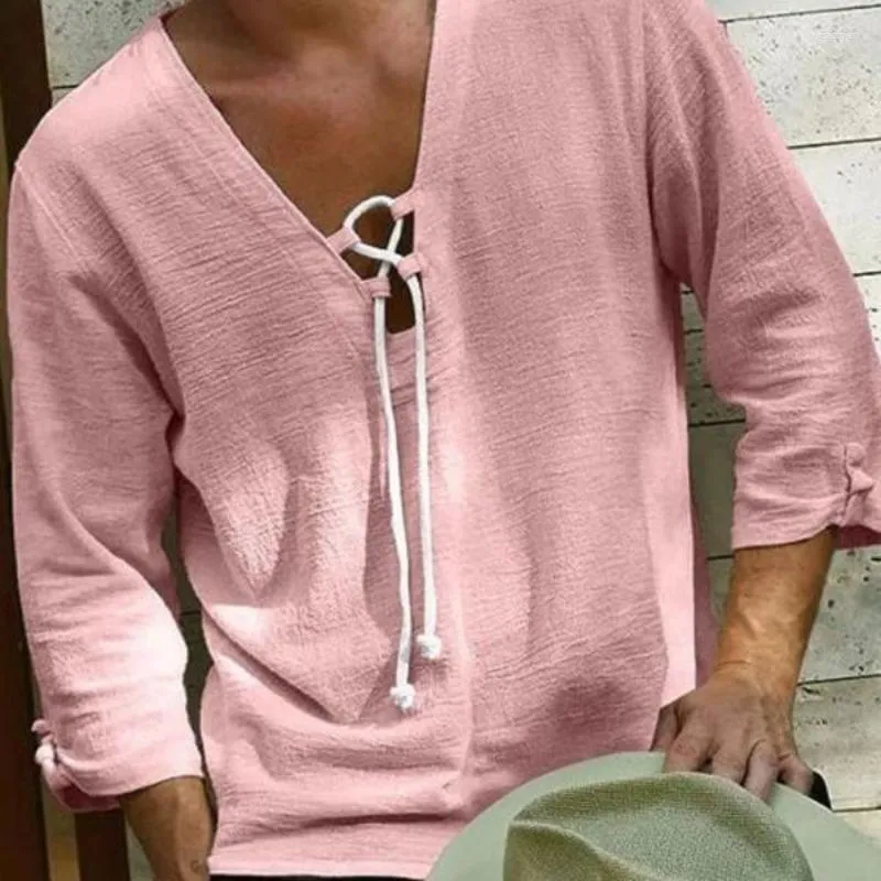 Men's T Shirts 2023 Loose Fashion Beach Style Casual Cotton 7/4 Sleeve Drawstring Solid Color Handsome Shirt