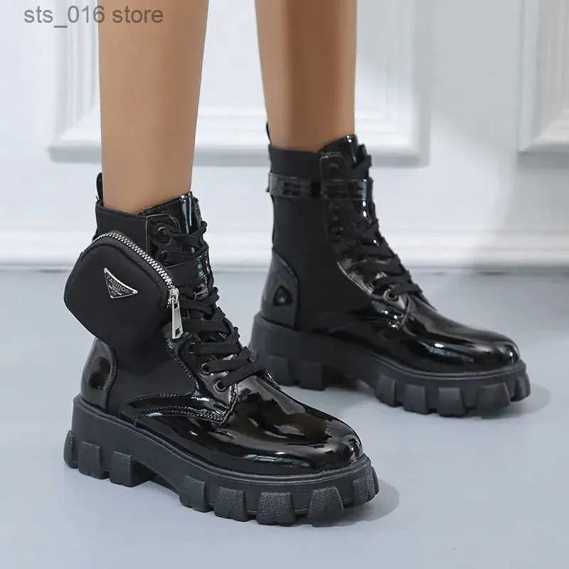 Women s Black Platform Motorcycle Boots Lace Up Chunky Heel Belt Buckle Pocket PU Ankle Boots 2024