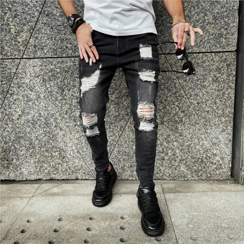 Jeans para hombres Moda Mediados de cintura Jeans ajustados Hombres Vintage desgastados Elásticos destruidos Lápiz Pantalones Negro Casual Big Ripped Denim Jeans 230927