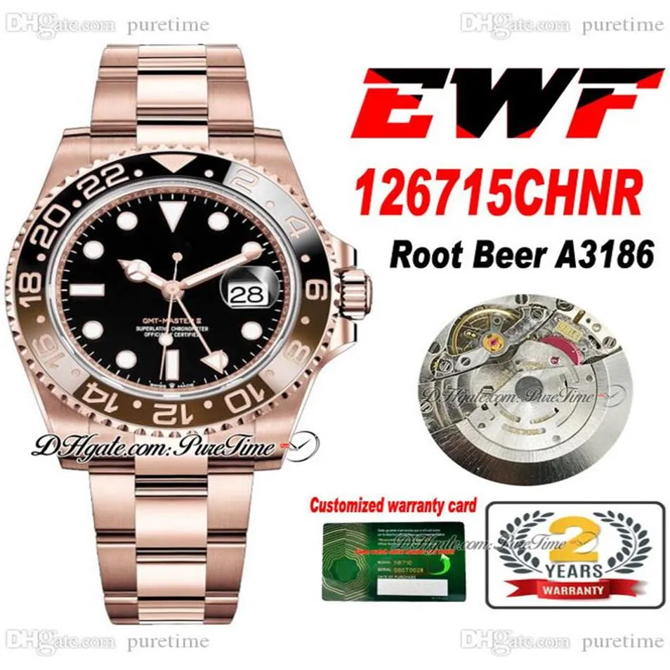 EWF GMT Kök Bira A3186 Otomatik Mens Saat 12671 Gül Altın Kola Siyah Kahverengi Seramik Çerçevesi Siyah Dial 904L Çelik Oystersteel BRA352Q