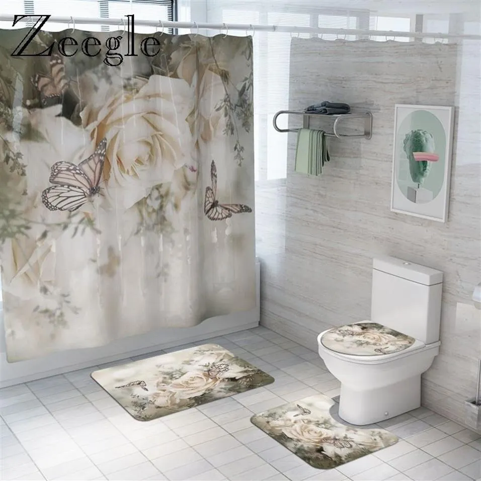 Bade- und Vorhang-Set mit Blumenmuster, rutschfest, für Dusche, Badezimmer, Fußteppich, Heimdekoration, WC-Bodenmatte 2011192155