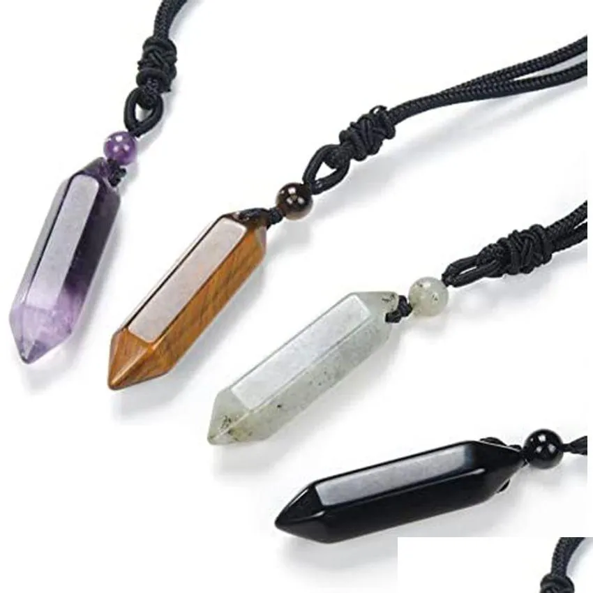 Pendant Necklaces Vintage Hexagonal Column With Rope Natural Healing Chakra Crystal Birthday Gift For Friends And Family Dro Dhgarden Dhfco