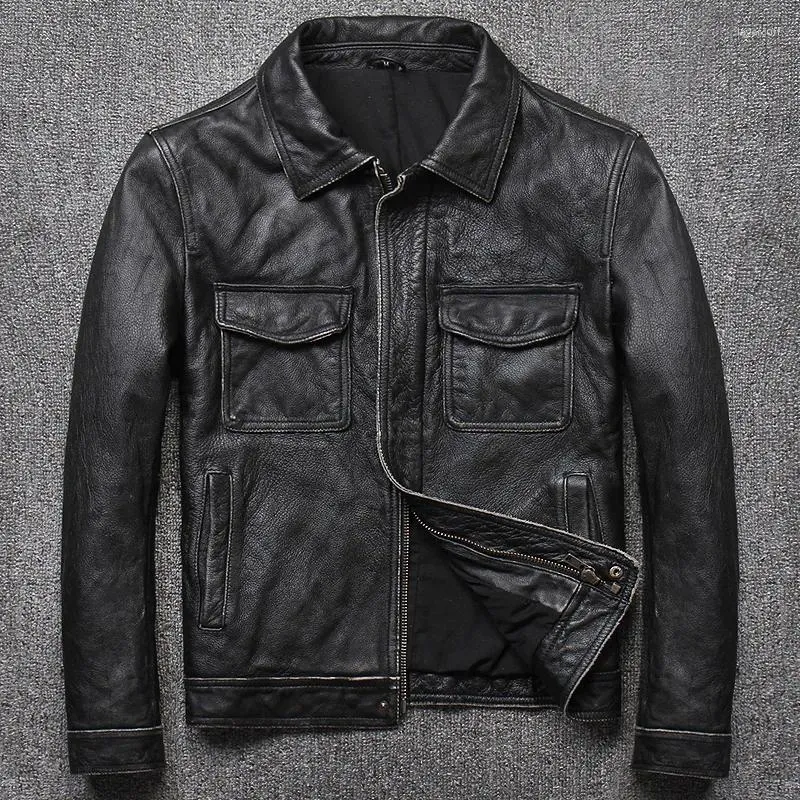 Erkekler Deri 2023 Erkekler Vintage Siyah Gençlik Sinemsi Slim Fit Real Coat Fashion Cowhide Motosiklet Biker Giyim