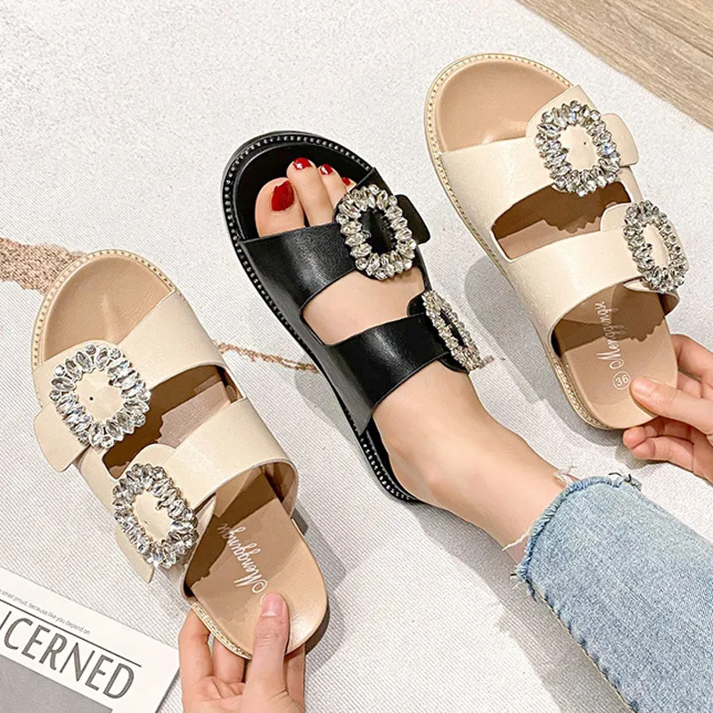 Slipare Rhinestone Crystal Buckle Slippers Women Brand Design Crystal Double Flip Flops Female Platform Sandaler Big Size 43 230926