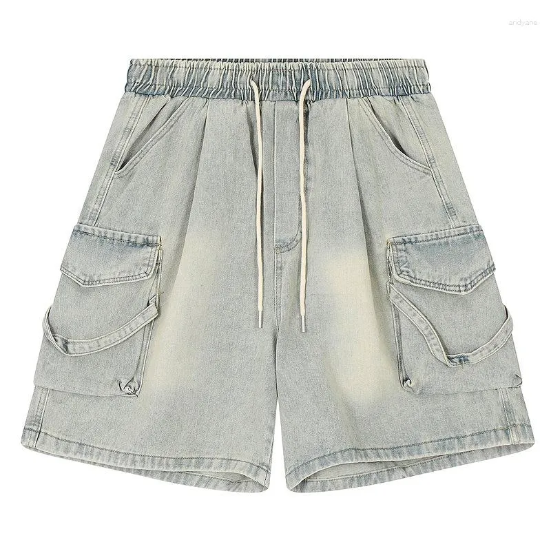 Shorts masculinos moda vintage oversized hip hop carga jeans curtos com grandes bolsos high street retro baggy denim cintura elástica