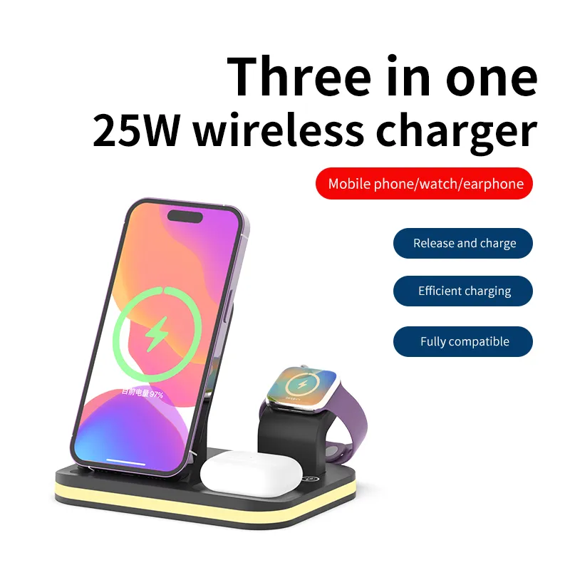 Nuovo caricabatterie wireless 3 in 1 da 15 W Supporto per cuffie per orologio per cellulare Apple Supporto per caricabatterie wireless pieghevole per ricarica wireless Luce notturna ambientale